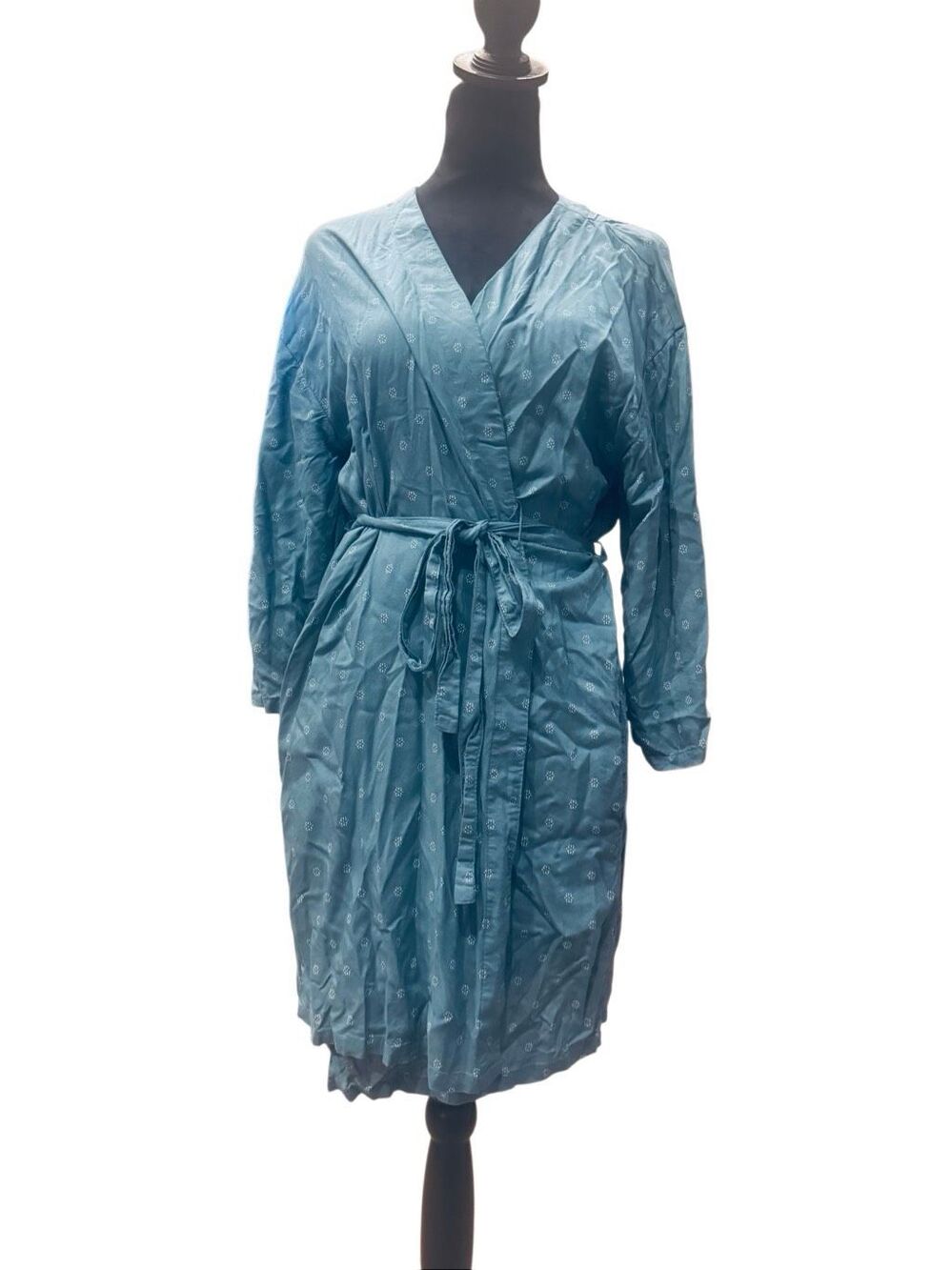 LC Lauren Conrad Teal Wrap Robe White Floral Print Rayon Long Sleeve Size Large